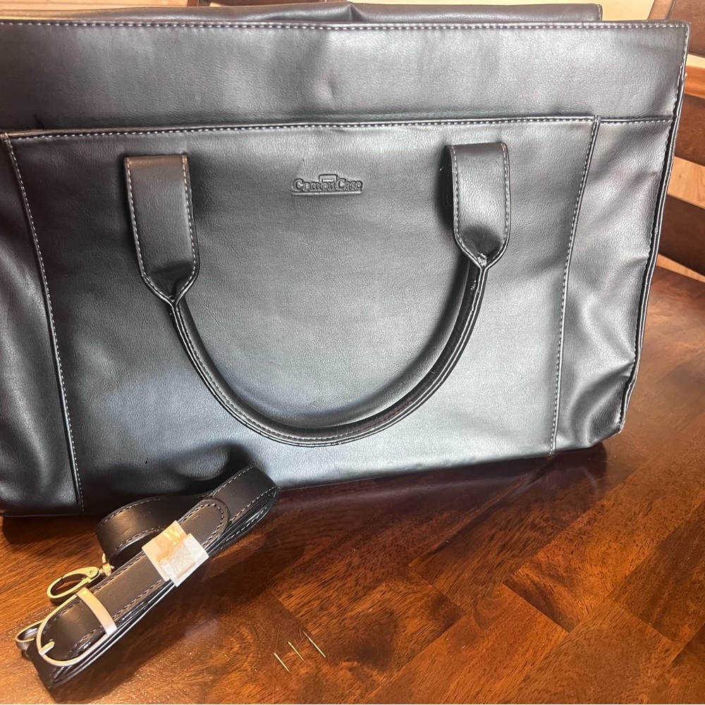 CompuCase Black Leather Briefcase Laptop Bag 15" Padded Removable Strap